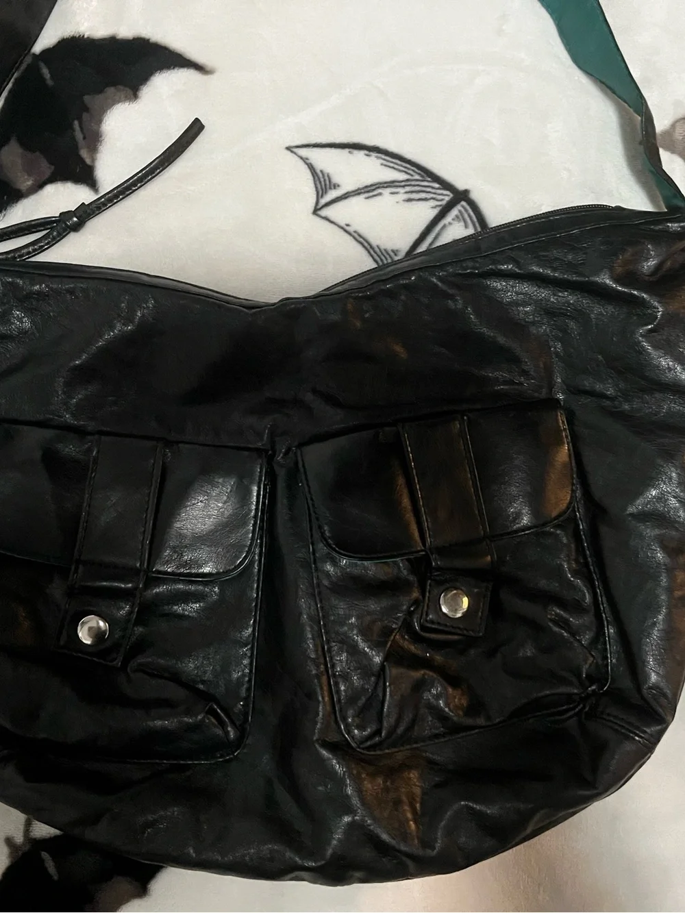 Black Leather Hobo Bag with Teal Strap